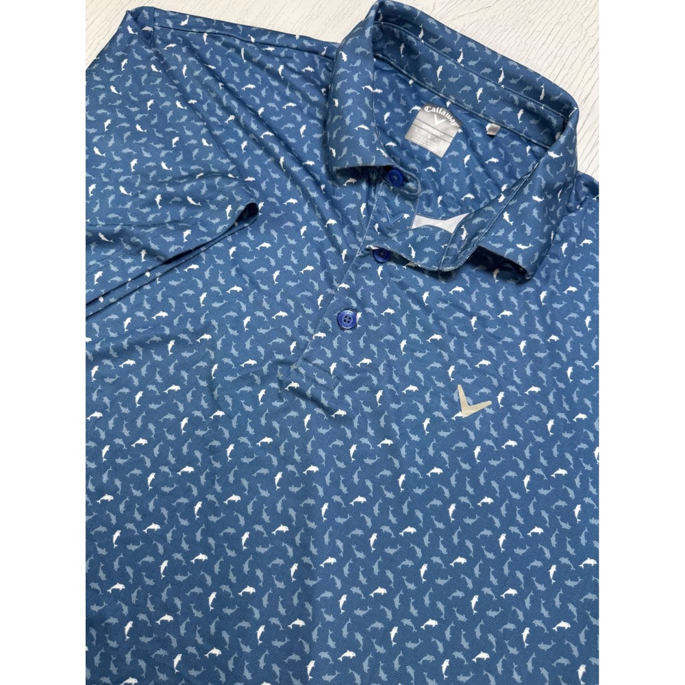 Callaway Opti-Dri Golf Polo Mens Large Blue Dolphin Print Short Sleeve Shirt